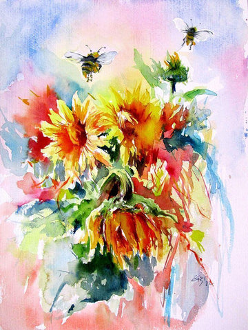 Sunflowers with Bees White Modern Wood Framed Art Print with Double Matting by Kovacs, Anna Brigite