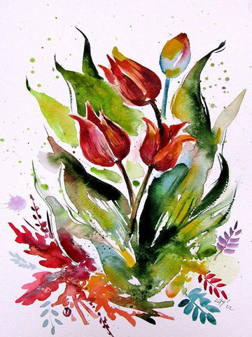 Tulips in Garden Black Ornate Wood Framed Art Print with Double Matting by Kovacs, Anna Brigite