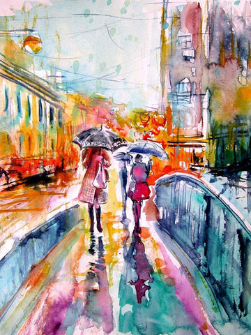 Rain in the City White Modern Wood Framed Art Print with Double Matting by Kovacs, Anna Brigite