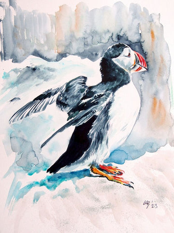 Puffin White Modern Wood Framed Art Print with Double Matting by Kovacs, Anna Brigite