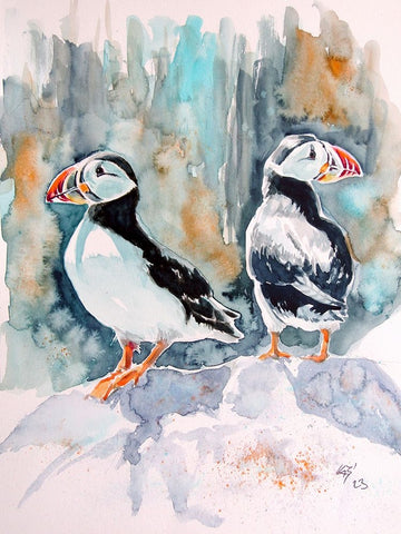 Puffins Black Modern Wood Framed Art Print by Kovacs, Anna Brigite