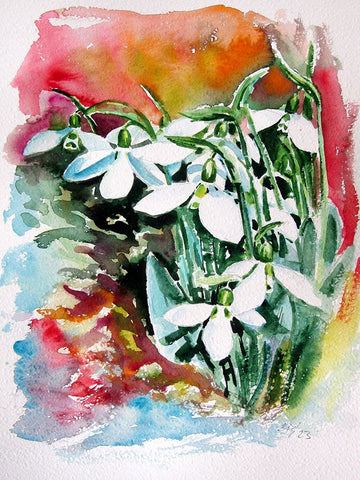 Snowdrops II White Modern Wood Framed Art Print with Double Matting by Kovacs, Anna Brigite