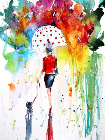 Walking Girl with a Dog Black Modern Wood Framed Art Print by Kovacs, Anna Brigite