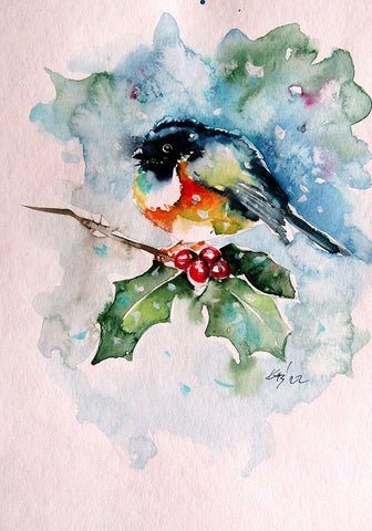 Bird at Snowfall White Modern Wood Framed Art Print with Double Matting by Kovacs, Anna Brigite