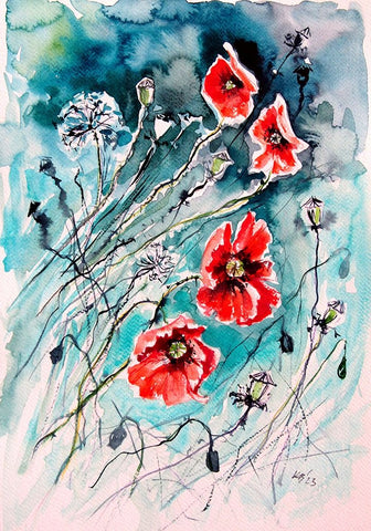 Playful Poppies II Black Modern Wood Framed Art Print by Kovacs, Anna Brigite