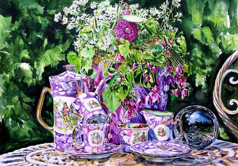 Still Life with Tea set in the Garden Black Modern Wood Framed Art Print by Kovacs, Anna Brigite