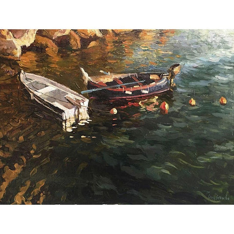 Boatds in Evening Light Gold Ornate Wood Framed Art Print with Double Matting by Strube, Ling