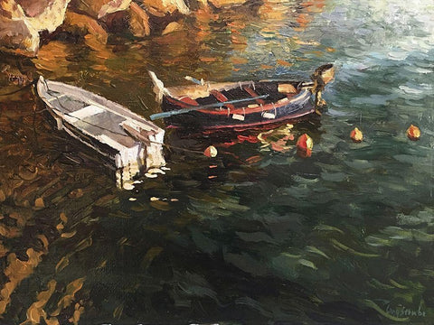 Boatds in Evening Light Black Ornate Wood Framed Art Print with Double Matting by Strube, Ling