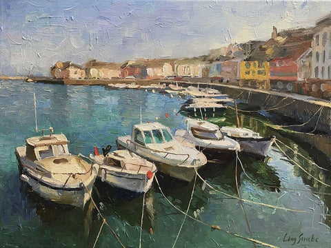 Boats in Belle - Ille Island White Modern Wood Framed Art Print with Double Matting by Strube, Ling