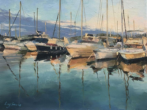 Italy Harbour - San Remo Black Ornate Wood Framed Art Print with Double Matting by Strube, Ling