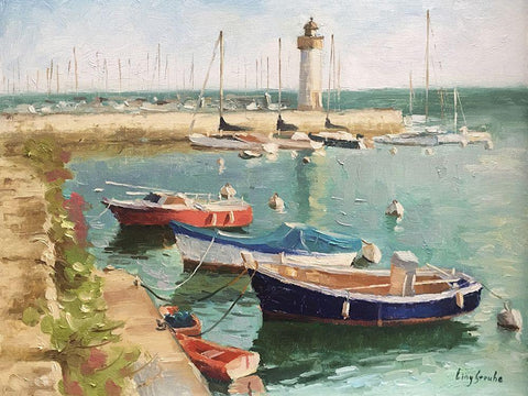 France Harbour White Modern Wood Framed Art Print with Double Matting by Strube, Ling