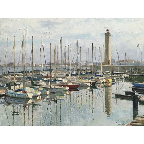 France Harbour Sete Gold Ornate Wood Framed Art Print with Double Matting by Strube, Ling