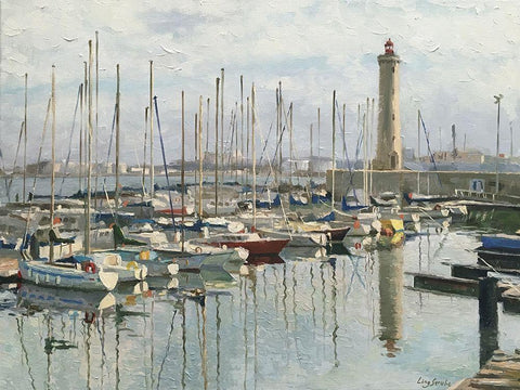 France Harbour Sete White Modern Wood Framed Art Print with Double Matting by Strube, Ling