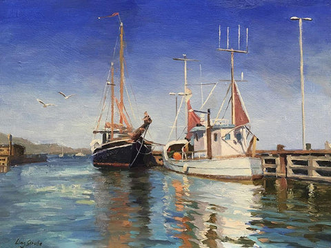 Danmark Harbour Black Ornate Wood Framed Art Print with Double Matting by Strube, Ling