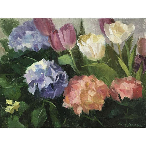 Hydrangeas and Tulips White Modern Wood Framed Art Print by Strube, Ling