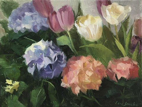 Hydrangeas and Tulips White Modern Wood Framed Art Print with Double Matting by Strube, Ling