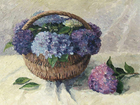 Hydrangeas in Basket Black Ornate Wood Framed Art Print with Double Matting by Strube, Ling