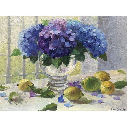 Still Life with Hydrangeas and Lemons Black Modern Wood Framed Art Print with Double Matting by Strube, Ling