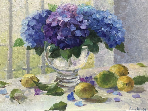 Still Life with Hydrangeas and Lemons Black Ornate Wood Framed Art Print with Double Matting by Strube, Ling
