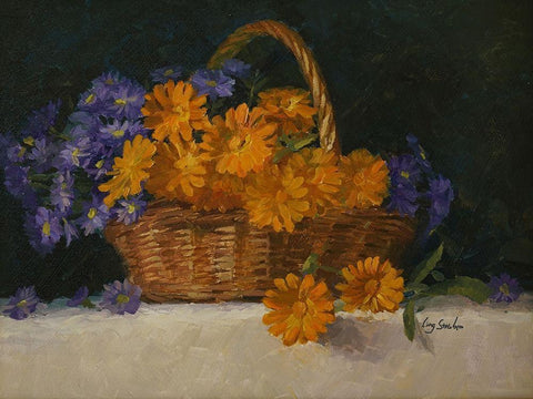 Flower Basket White Modern Wood Framed Art Print with Double Matting by Strube, Ling