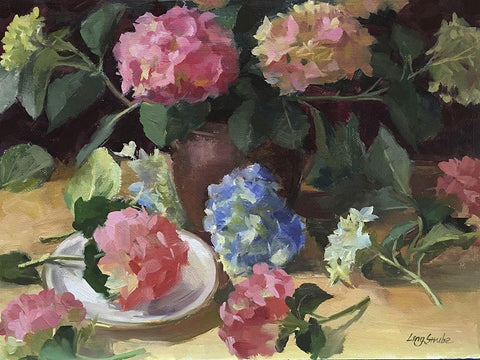 The Hydrangeas Black Ornate Wood Framed Art Print with Double Matting by Strube, Ling