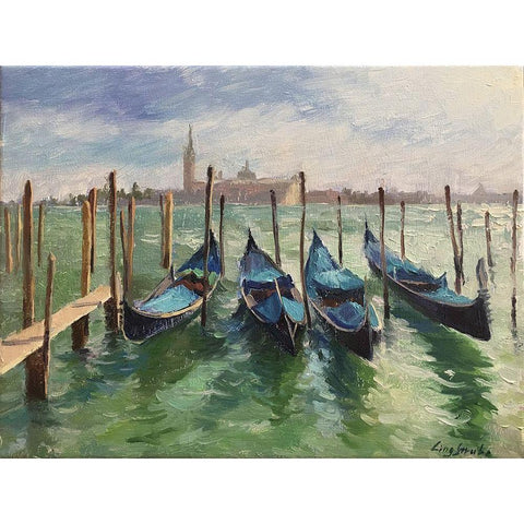 The Gondola at Venice Black Modern Wood Framed Art Print by Strube, Ling