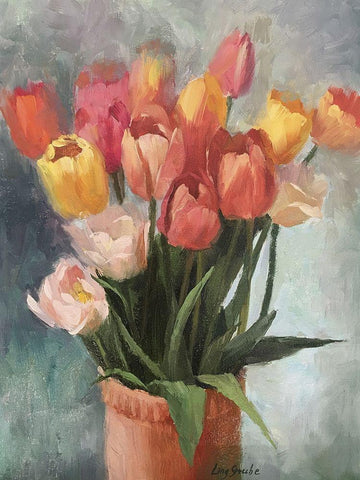 Tulips in Vase Black Ornate Wood Framed Art Print with Double Matting by Strube, Ling