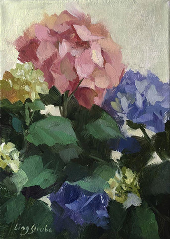 Red and Blue Hydrangeas White Modern Wood Framed Art Print with Double Matting by Strube, Ling