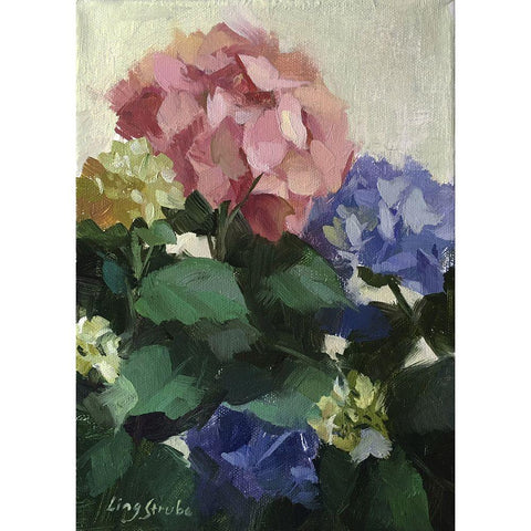 Red and Blue Hydrangeas Black Modern Wood Framed Art Print by Strube, Ling