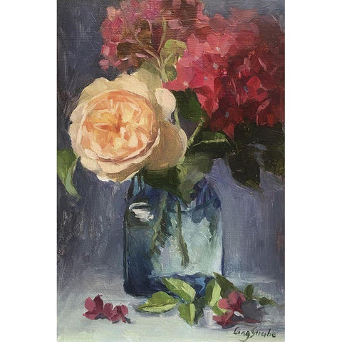 Rose and Hydrangeas Black Modern Wood Framed Art Print with Double Matting by Strube, Ling