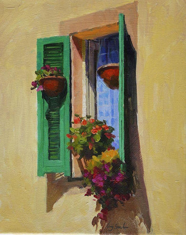 Window with Flowers Black Ornate Wood Framed Art Print with Double Matting by Strube, Ling