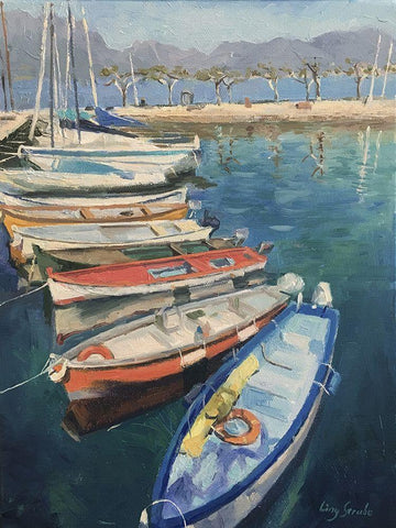 The Harbour in Lake Garda White Modern Wood Framed Art Print with Double Matting by Strube, Ling