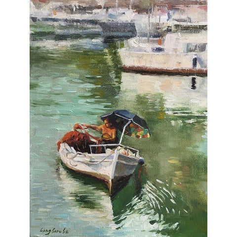 A Fisher on Sicily Black Modern Wood Framed Art Print with Double Matting by Strube, Ling