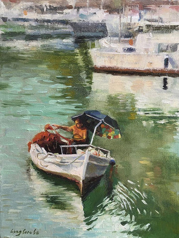 A Fisher on Sicily White Modern Wood Framed Art Print with Double Matting by Strube, Ling