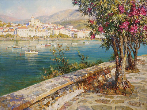 Oleanders in Kadakes White Modern Wood Framed Art Print with Double Matting by Obuchovsky, Yury