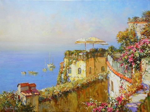 Positano. Morning Sun White Modern Wood Framed Art Print with Double Matting by Obuchovsky, Yury