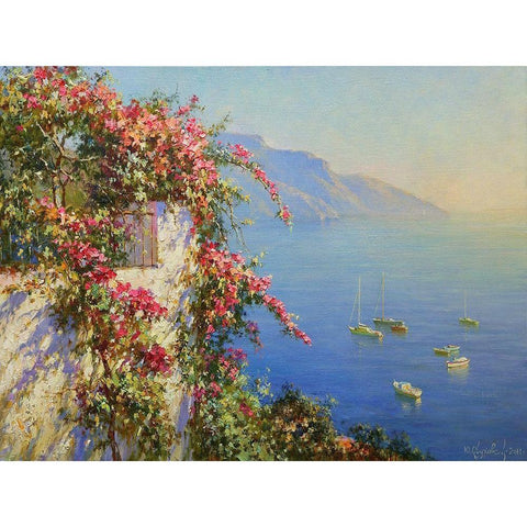 Amalfi. Flowers above the Sea Black Modern Wood Framed Art Print with Double Matting by Obuchovsky, Yury