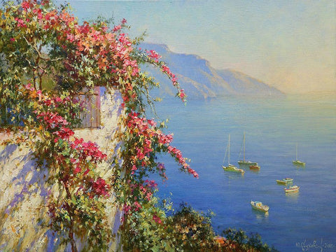 Amalfi. Flowers above the Sea White Modern Wood Framed Art Print with Double Matting by Obuchovsky, Yury