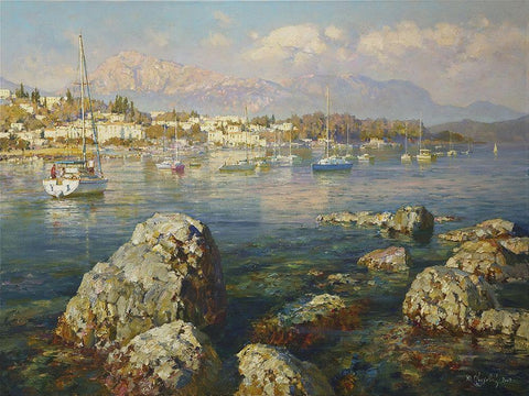 Coast in Greece Black Ornate Wood Framed Art Print with Double Matting by Obuchovsky, Yury