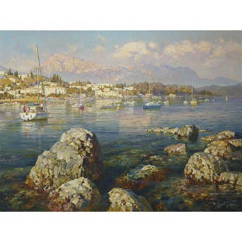 Coast in Greece White Modern Wood Framed Art Print by Obuchovsky, Yury
