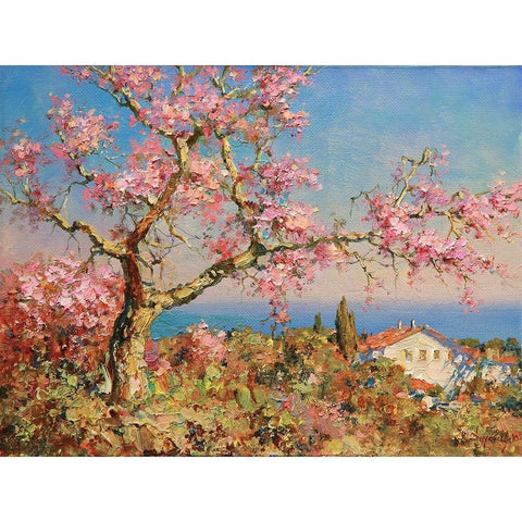Pink Blossom Tree Gold Ornate Wood Framed Art Print with Double Matting by Obuchovsky, Yury