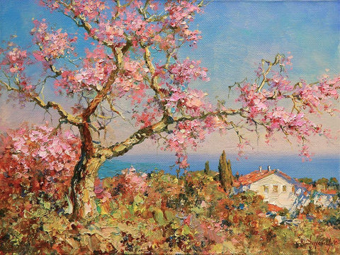 Pink Blossom Tree White Modern Wood Framed Art Print with Double Matting by Obuchovsky, Yury