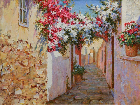 Santorini Street White Modern Wood Framed Art Print with Double Matting by Obuchovsky, Yury