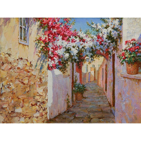 Santorini Street Black Modern Wood Framed Art Print by Obuchovsky, Yury