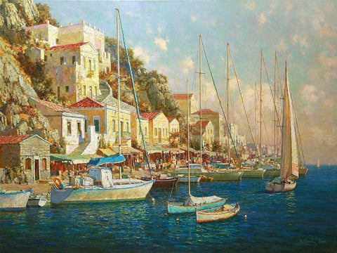 Greek Island Samos Black Ornate Wood Framed Art Print with Double Matting by Obuchovsky, Yury