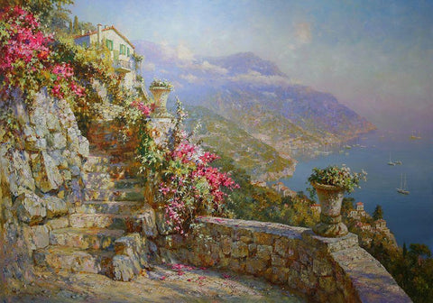 Coast near Amalfi Black Ornate Wood Framed Art Print with Double Matting by Obuchovsky, Yury