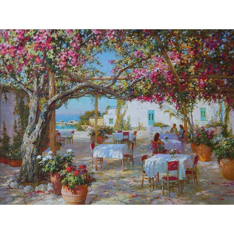 Cafe near Sea White Modern Wood Framed Art Print by Obuchovsky, Yury