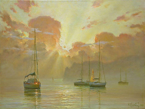 Golden Clouds White Modern Wood Framed Art Print with Double Matting by Obuchovsky, Yury