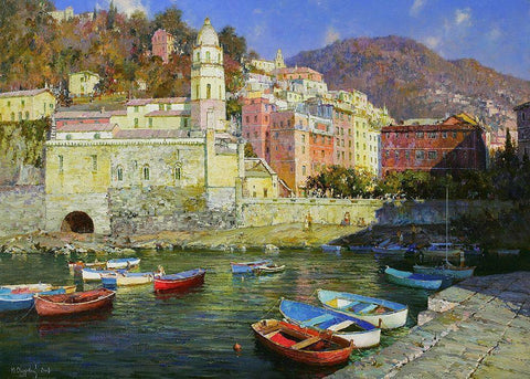 Vernazza White Modern Wood Framed Art Print with Double Matting by Obuchovsky, Yury