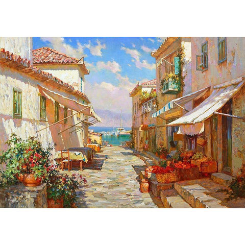 Island Idra-The Street to the Sea White Modern Wood Framed Art Print by Obuchovsky, Yury